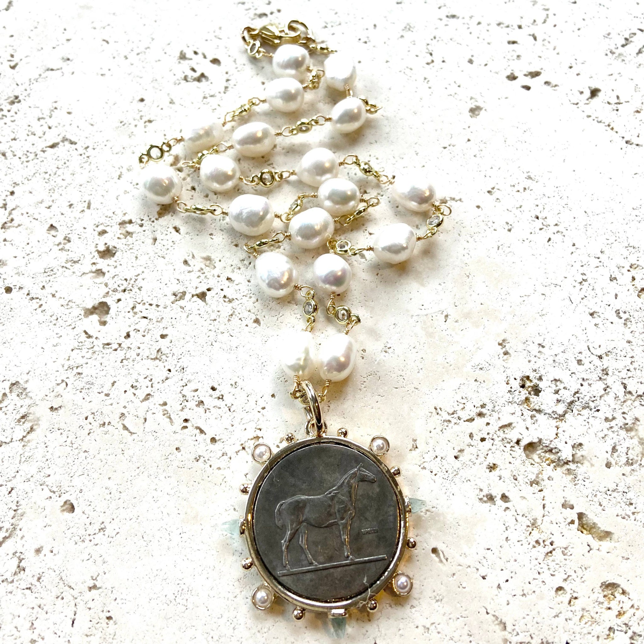 French Coin Medallion Equestrian Necklace