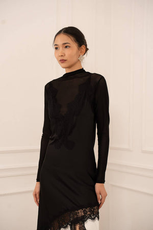 asymmetrical black lace dress Adeliza Asymmetric Midi Dress in Floral Lace Jet Black