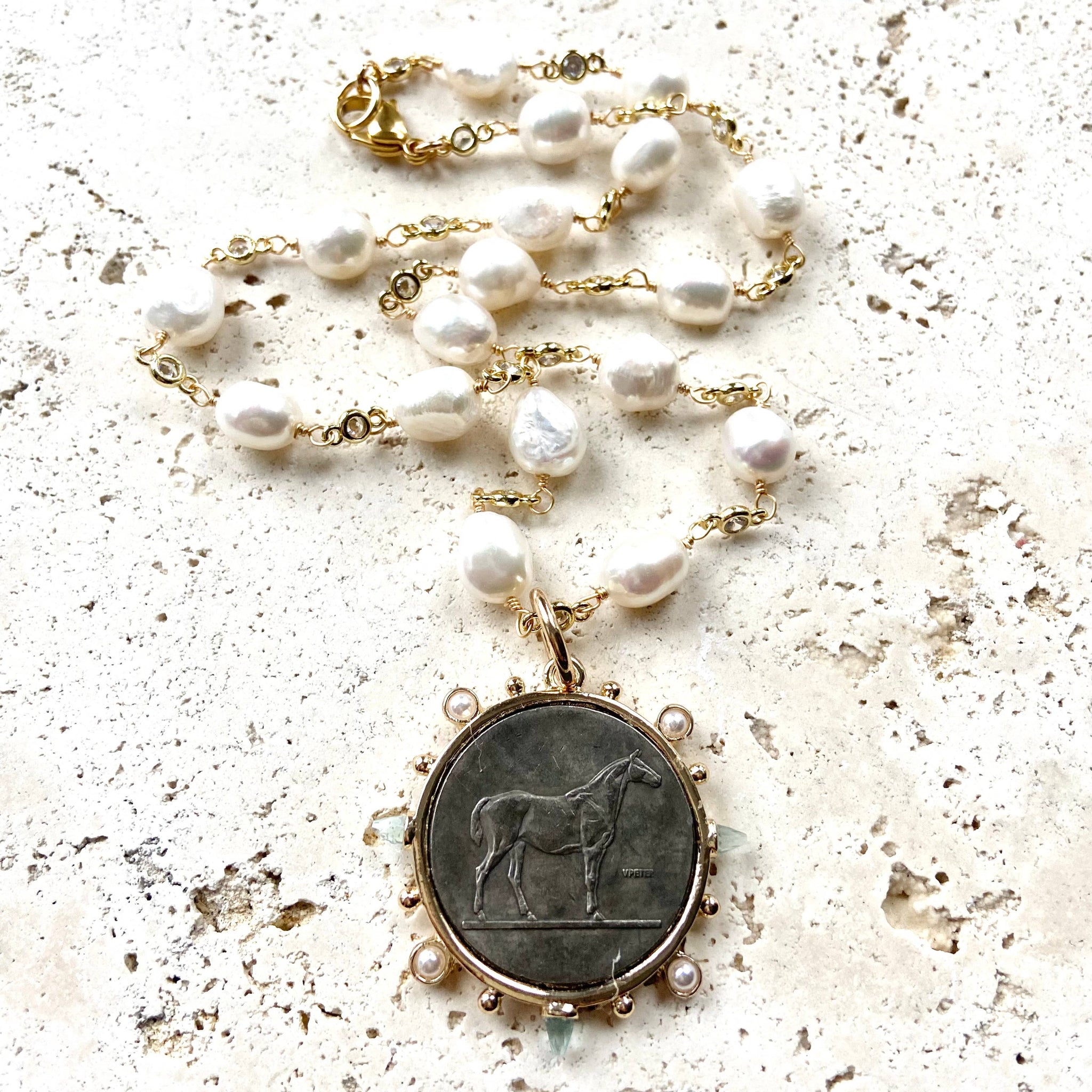 French Coin Medallion Equestrian Necklace