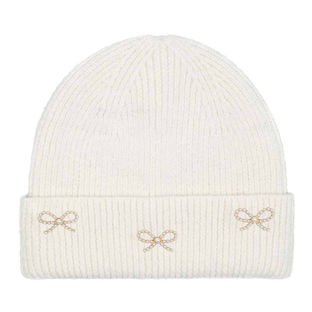 Pearl Bow Charm Embellished Cuff Beanie