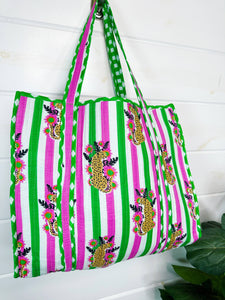 Pink and Green Jaguar Print Oversized Quilted Tote Bag