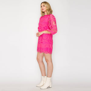 Dragonfruit Pink Daisy Eyelet Mini Dress