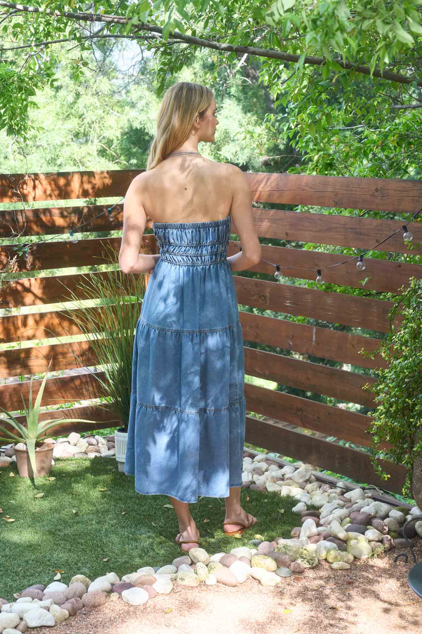 white christmas dresses Medium Wash Denim Strapless Bodycon Midi Dress main image 0