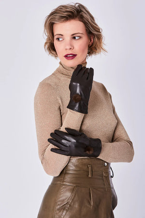 Chocolate or Black Leather Gloves with Mink