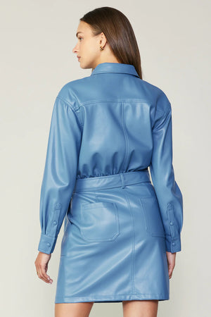 Vegan Leather Blue Belted Dress