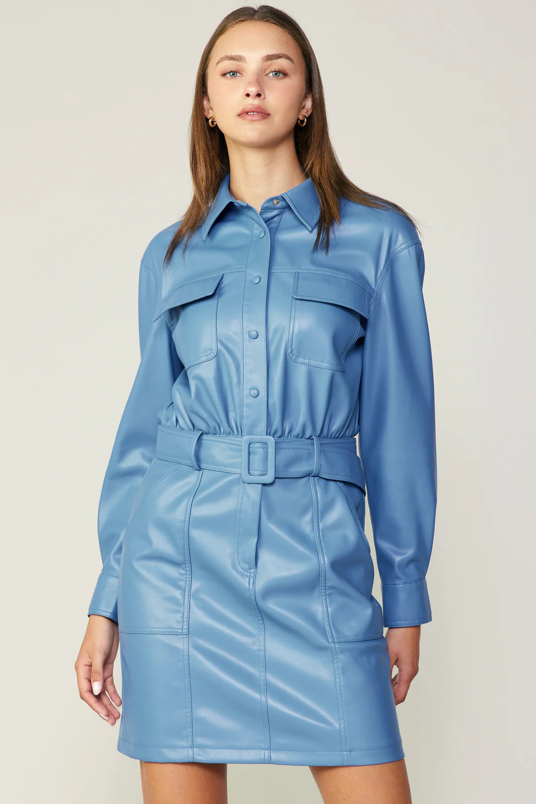 Vegan Leather Blue Belted Dress