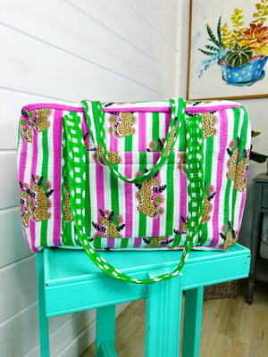 Pink and Green Jaguar Print Quilted Duffle Bag