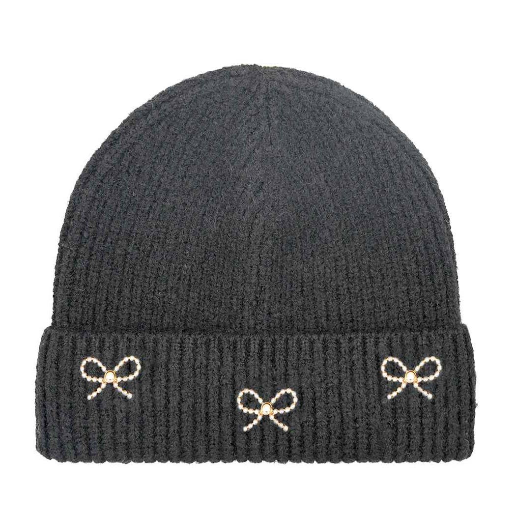 Pearl Bow Charm Embellished Cuff Beanie