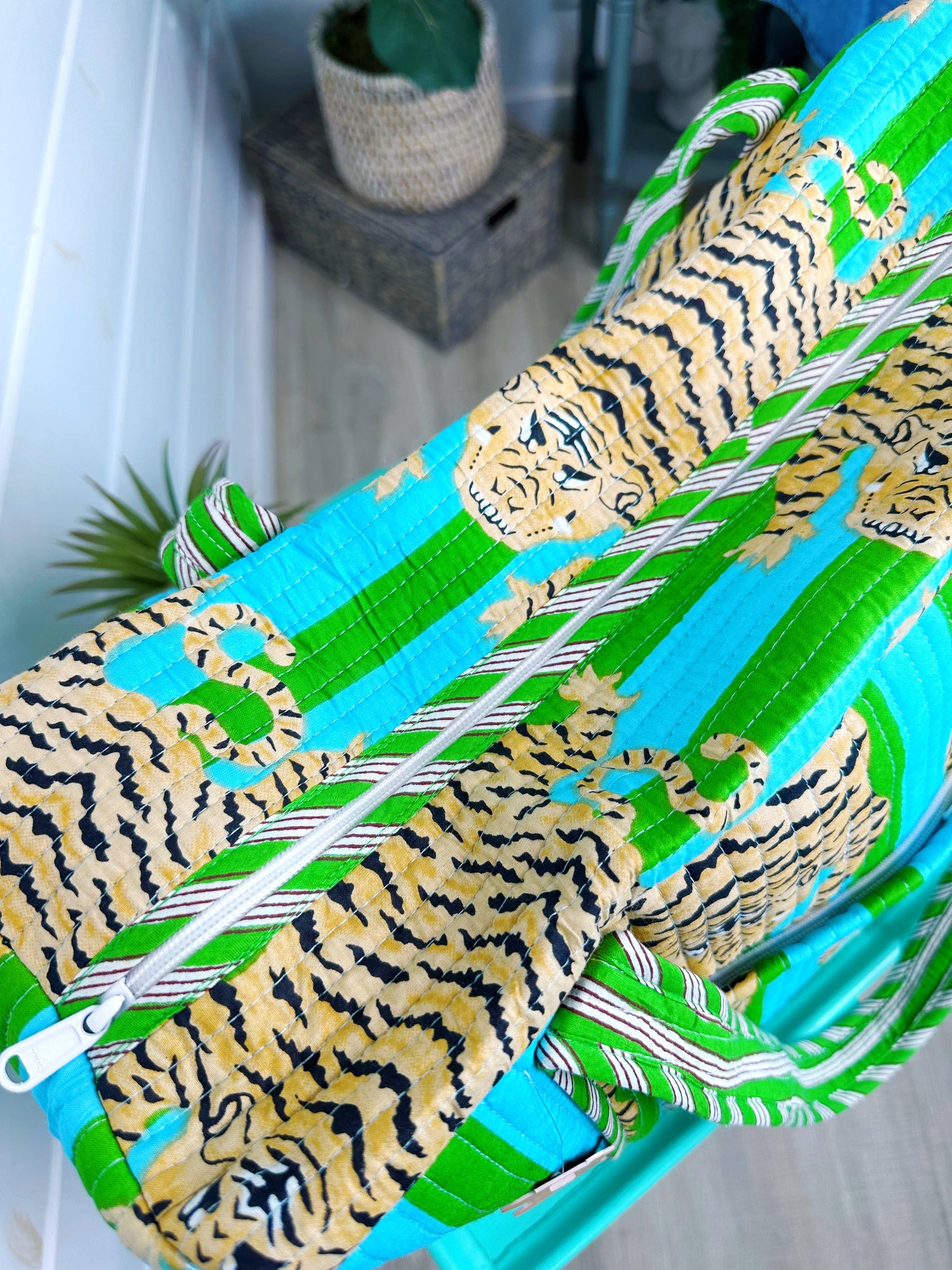 Green and Blue Striped Tiger Print Quilted Duffle Bag