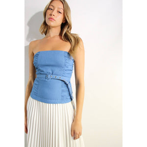 Denim Contrast Pleated Tube Dress