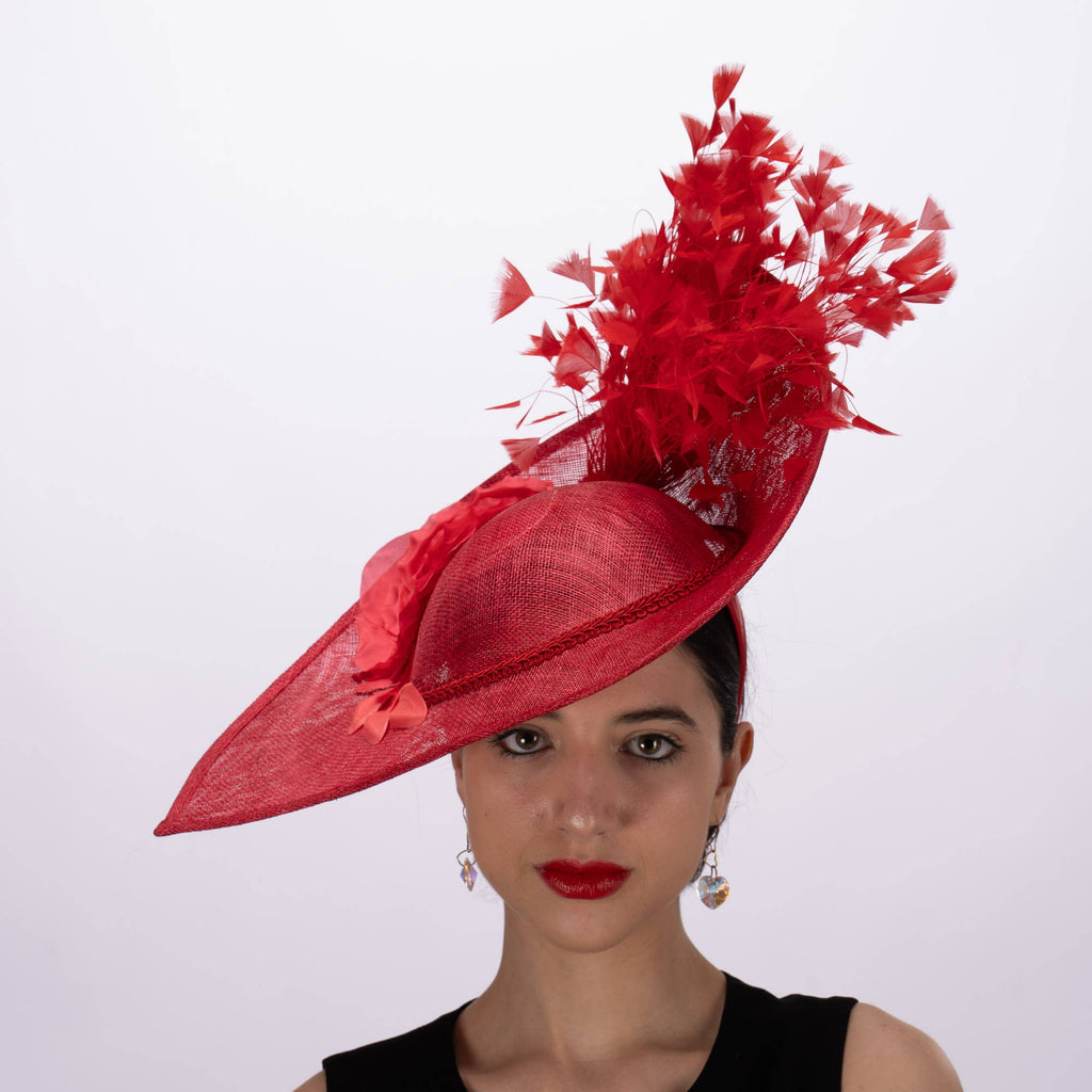 Sinamay Base With Flowers Feathers On The Brim - Red