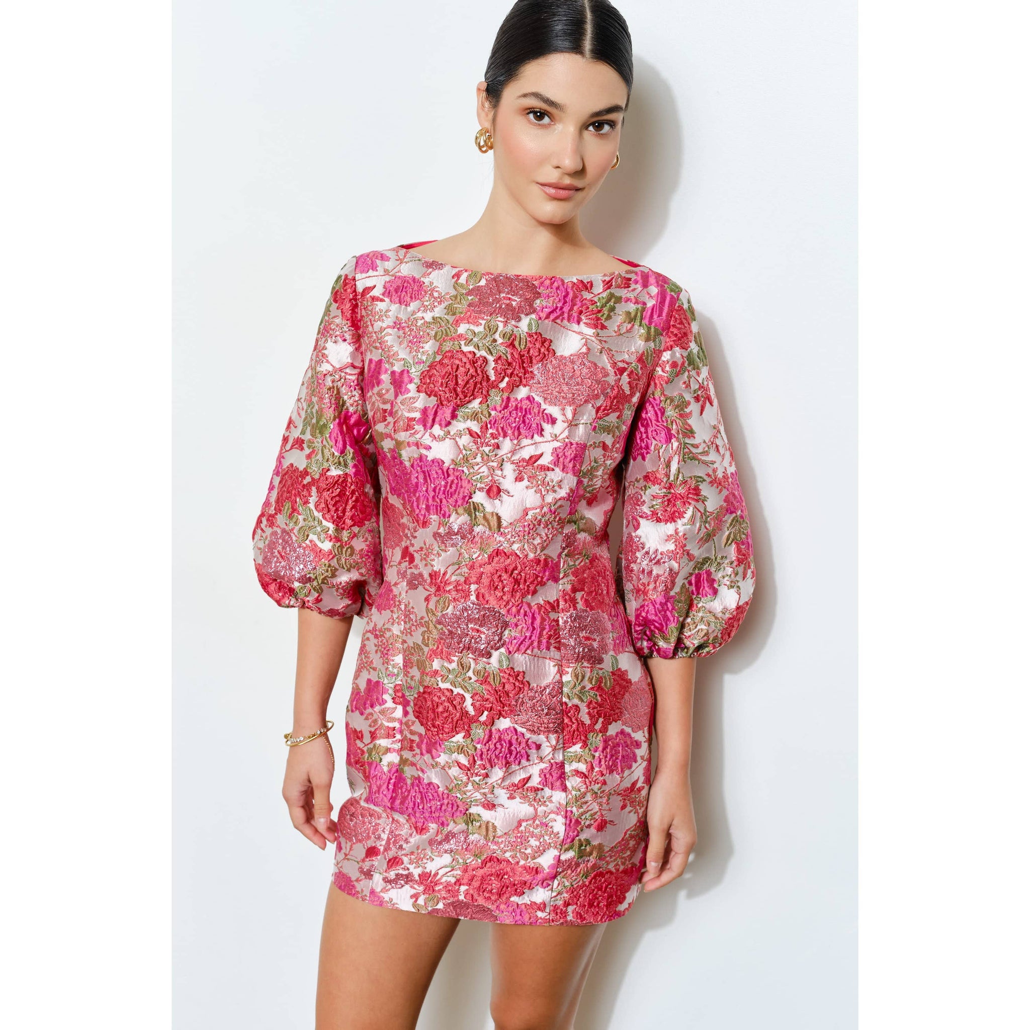 brailey jacquard mini dress - puff sleeve dress in pink Jacquard Puff Mini Dress M