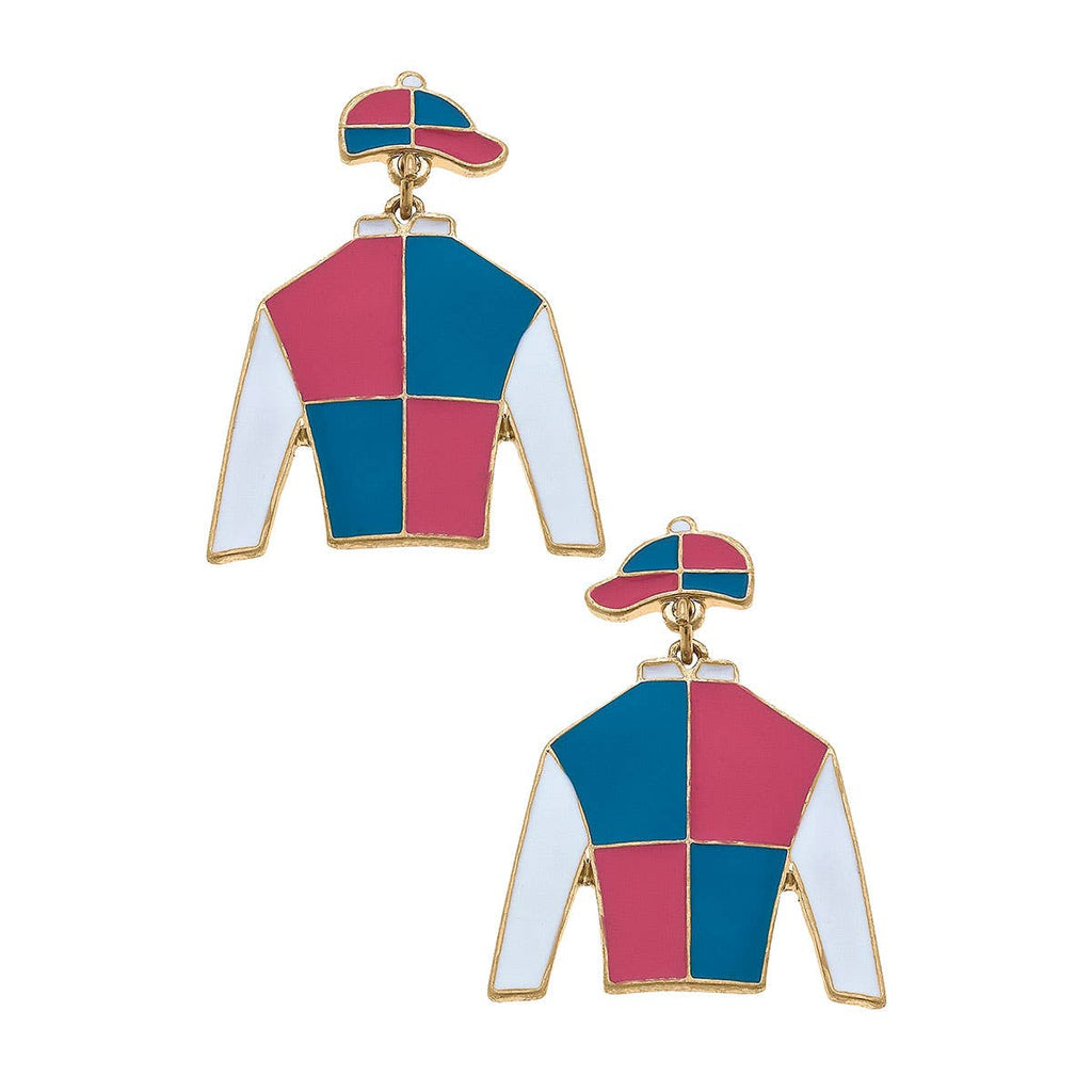 Canvas Style - Sir Barton Jockey Silk Enamel Drop Earrings in Fuchsia & Blu