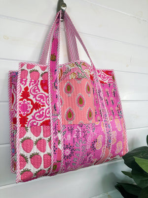 Pink Patchwork Quilted Tote Bag