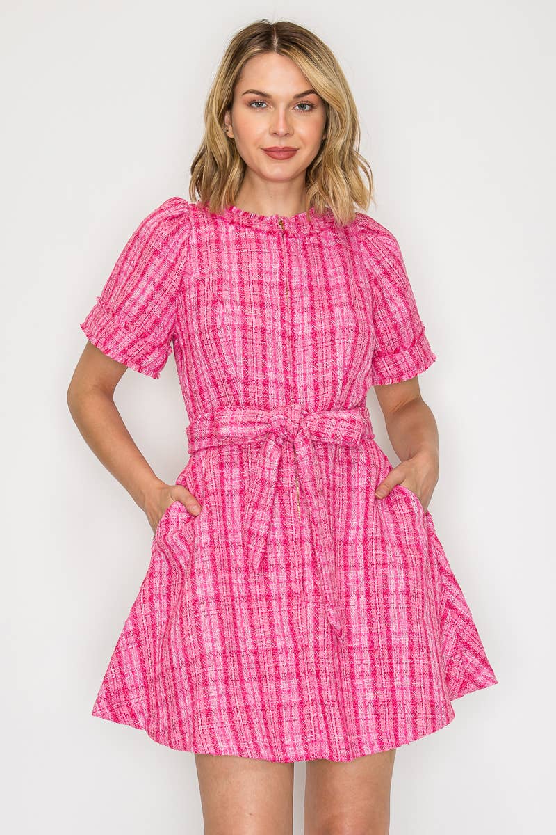 Pretty Pink Checker Boucle Mini Dress