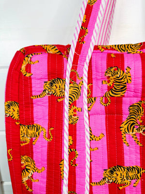 Pink Striped Quilted Tiger Print Duffle Bag