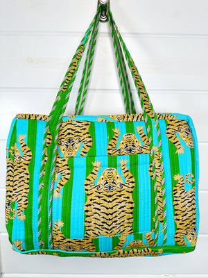 Green and Blue Striped Tiger Print Quilted Duffle Bag