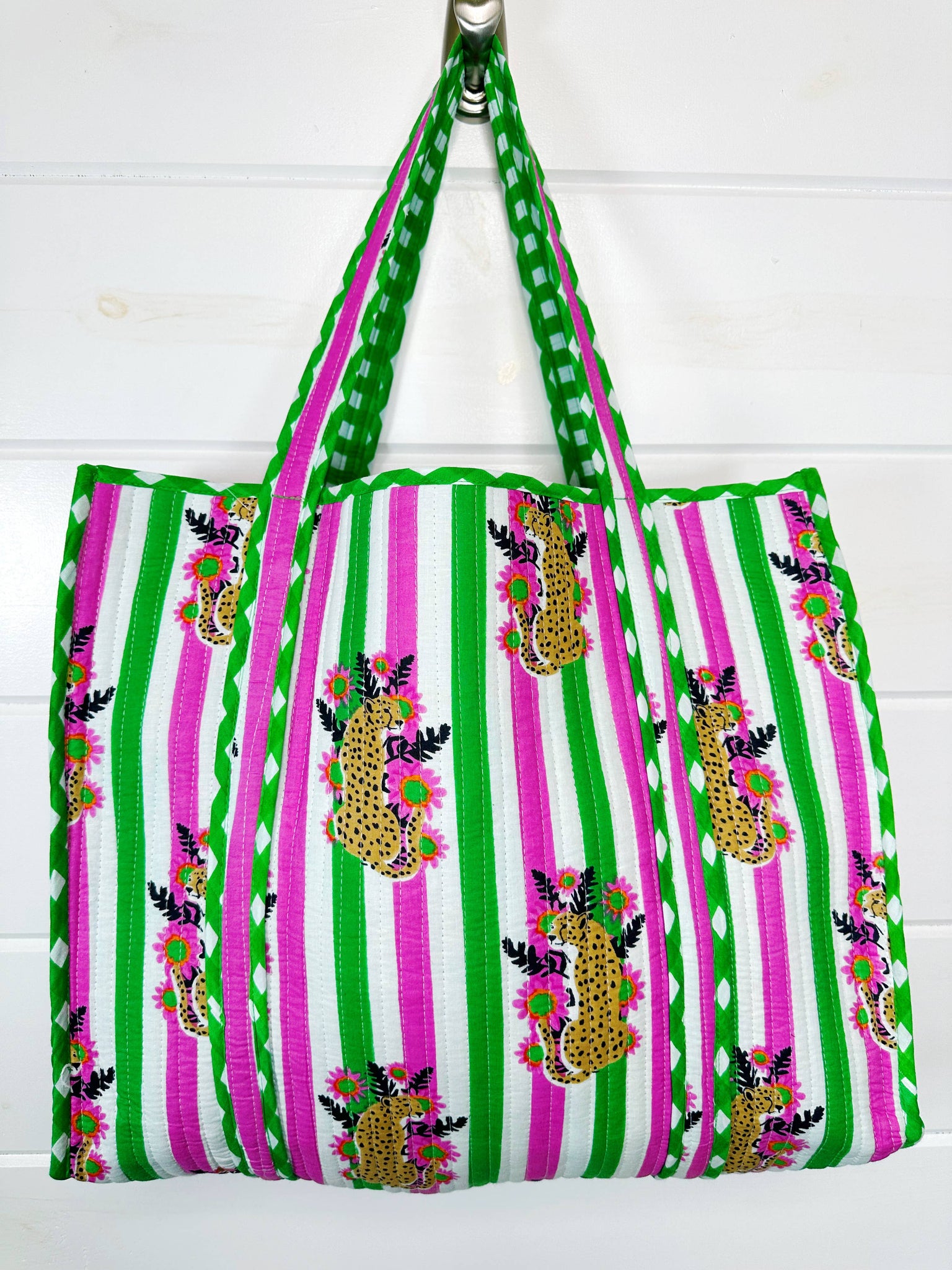Pink and Green Jaguar Print Oversized Quilted Tote Bag
