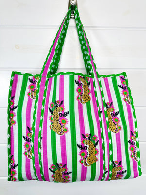 Pink and Green Jaguar Print Oversized Quilted Tote Bag