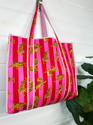 Pink Striped Tiger Quilted Tote Bag