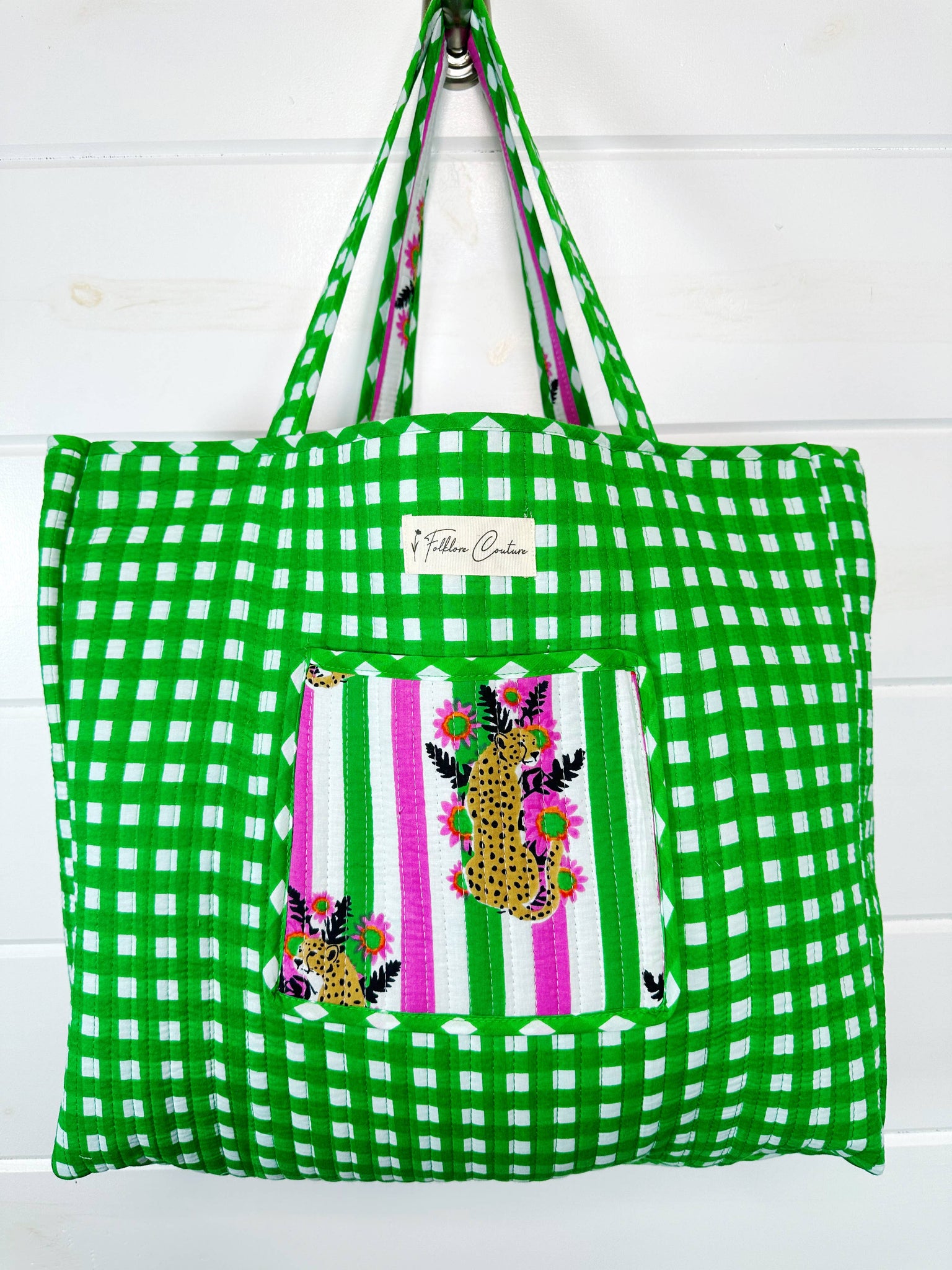 Pink and Green Jaguar Print Oversized Quilted Tote Bag
