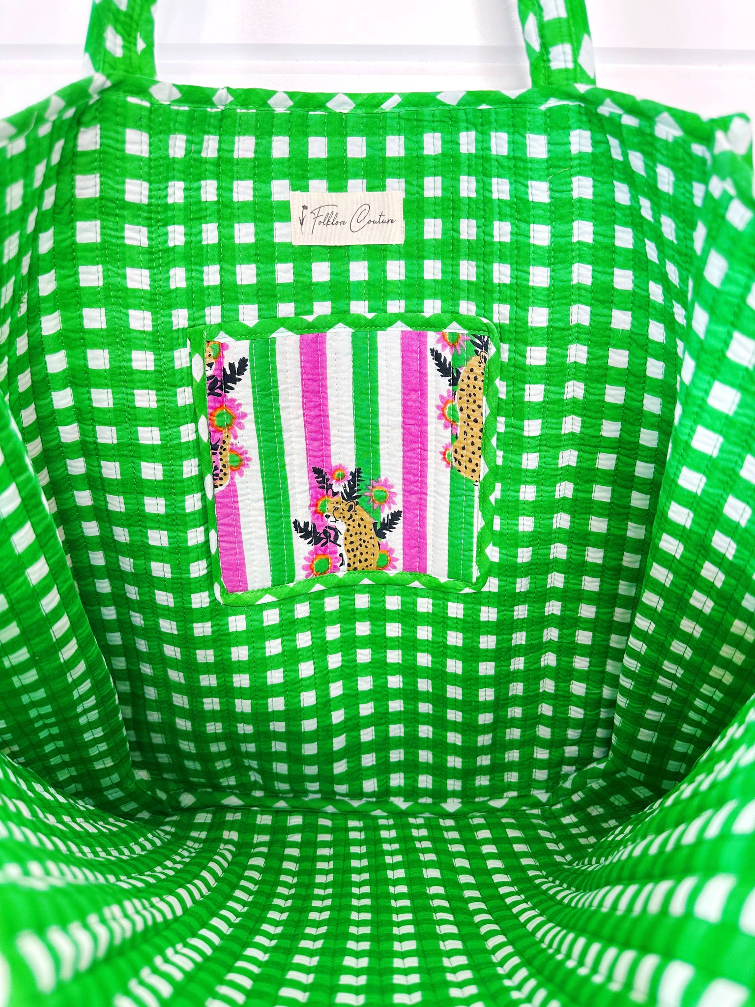 Pink and Green Jaguar Print Oversized Quilted Tote Bag