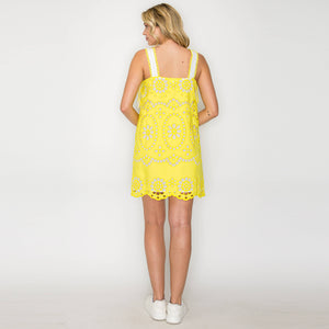 Yellow Daisy Eyelet Embroidery Mini Dress
