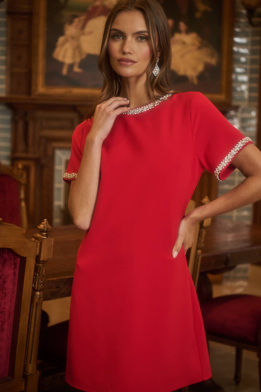 strapless open back dress No Comparison Red Floral Embroidered Mini Shift Dress