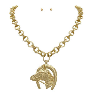 Horseshoe Horse Pendant Link Necklace