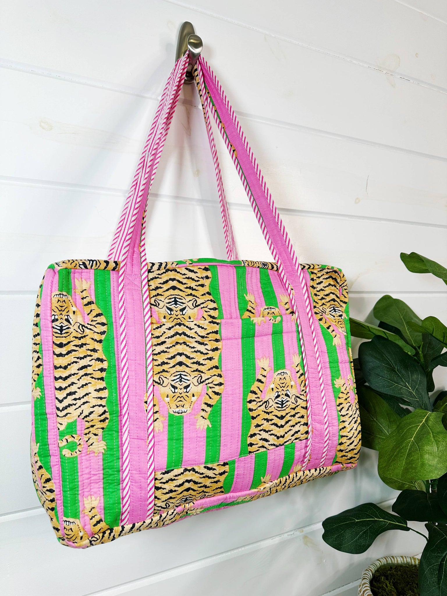 Pink and Green Tiger Quilted Duffle Bag