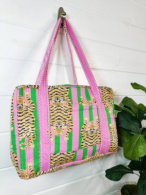 Pink and Green Tiger Quilted Duffle Bag