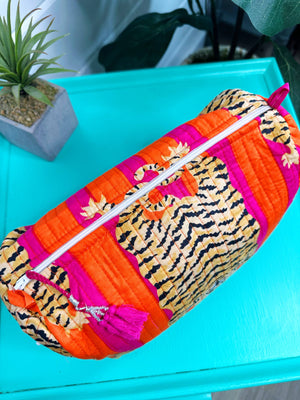 Orange Tiger Print Quilted Cosmetic Bag