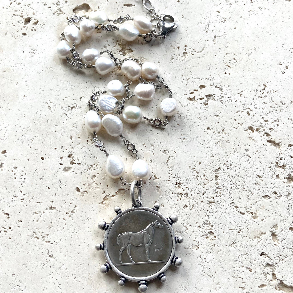 Genuine Freshwater Pearl French Horse Coin Necklace