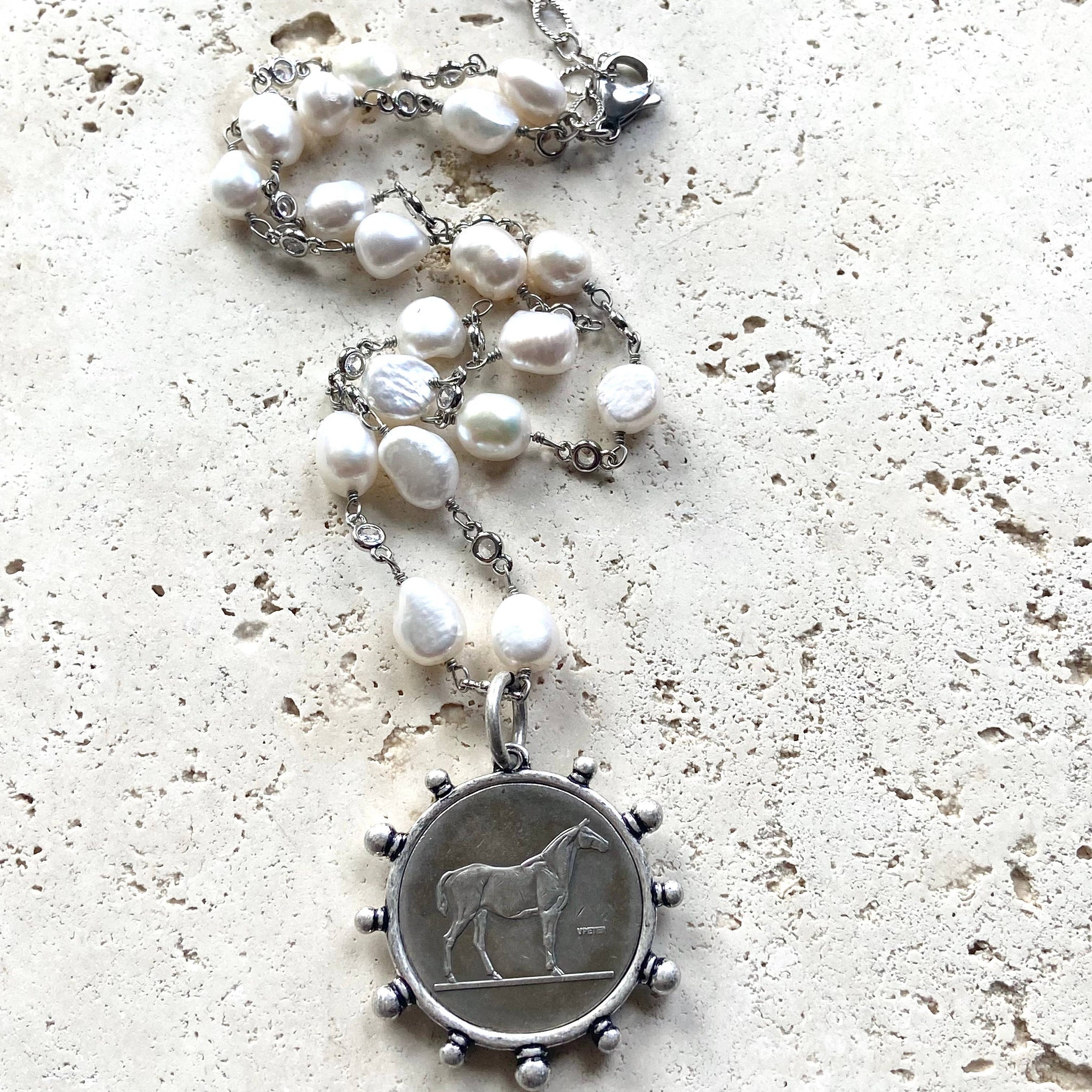 Genuine Freshwater Pearl French Horse Coin Necklace