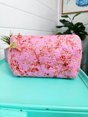 Pink Floral Print Diamond Quilted Travel Cosmetics Bag