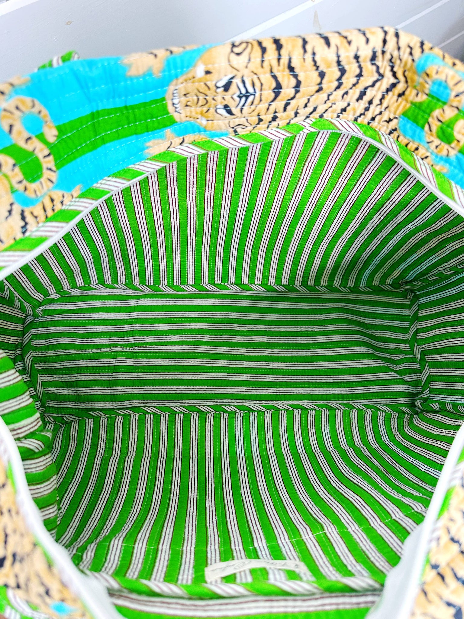 Green and Blue Striped Tiger Print Quilted Duffle Bag