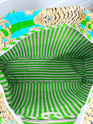 Green and Blue Striped Tiger Print Quilted Duffle Bag