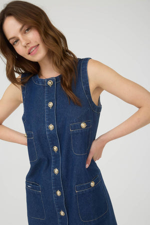 Gold Button Denim Mini Dress