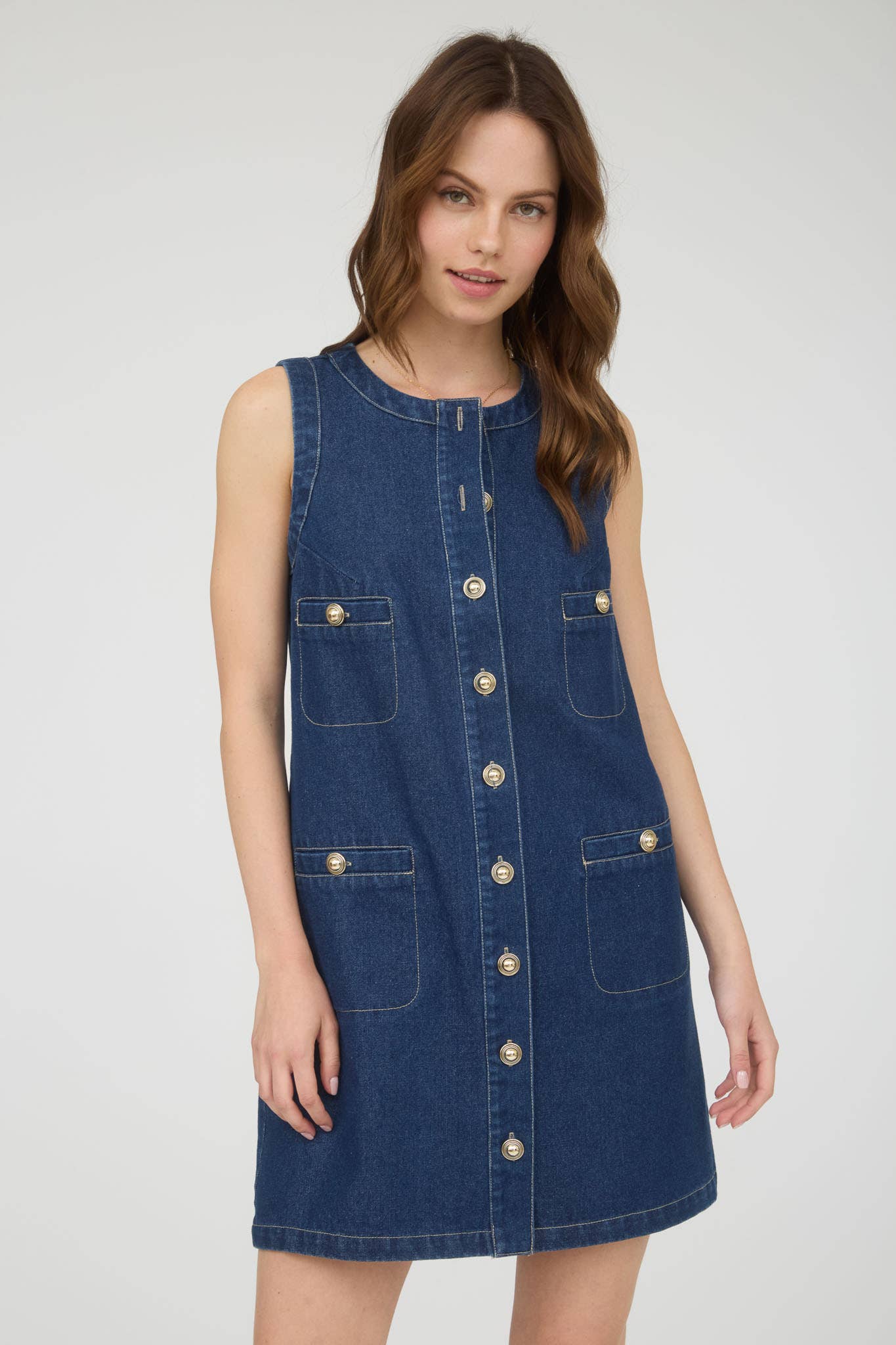 Gold Button Denim Mini Dress