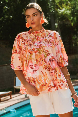 Floral Bubble Sleeve Blouse