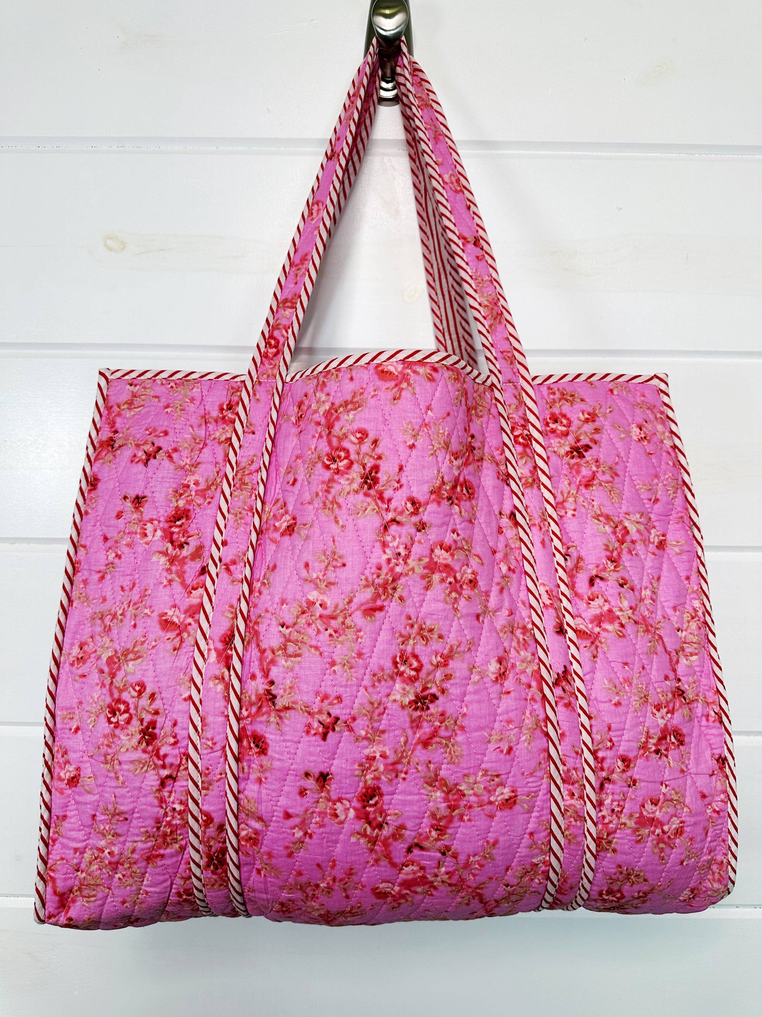 Pink Floral Print Oversized Quilted Tote Bag