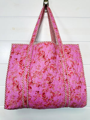 Pink Floral Print Oversized Quilted Tote Bag