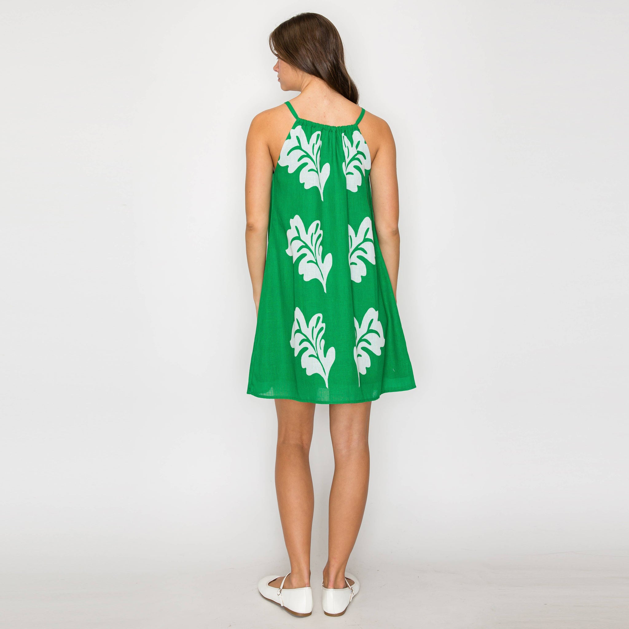 Green Leaves Placement Print Mini Halter Dress