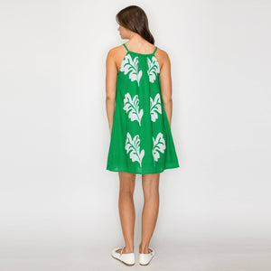 Green Leaves Placement Print Mini Halter Dress