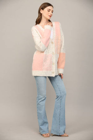 Cube Colorblock Button Closure Cardigan