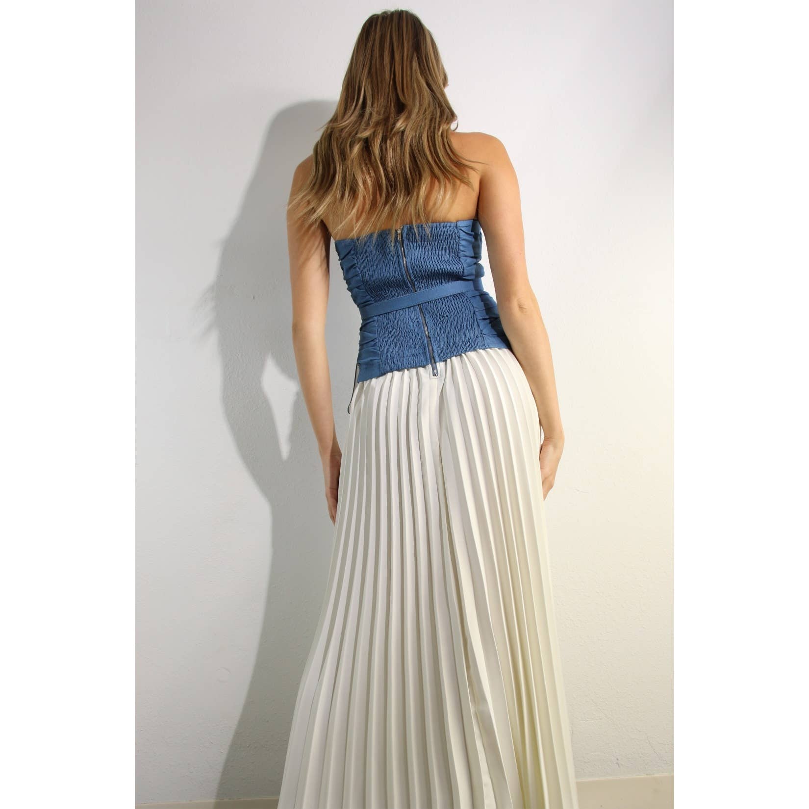 Denim Contrast Pleated Tube Dress