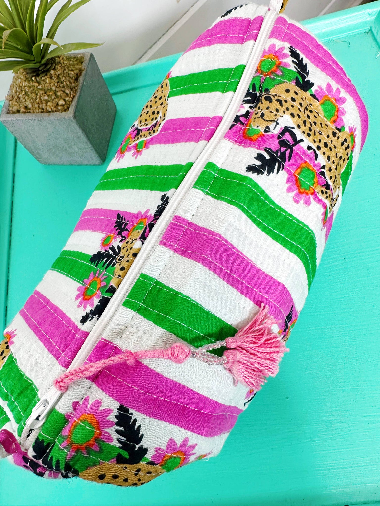 Pink and Green Jaguar Print Quilted Cosmetics Bag