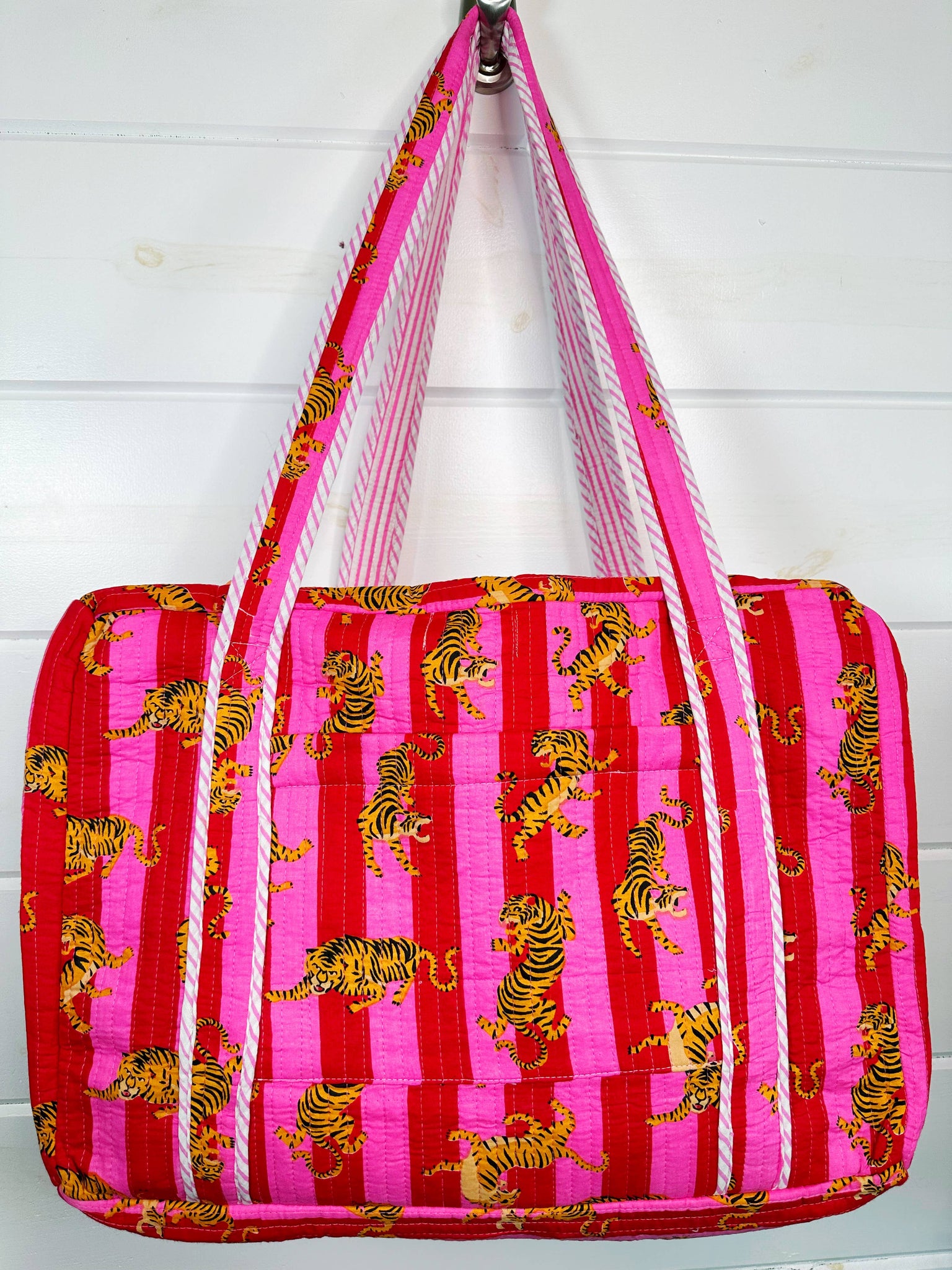 Pink Striped Quilted Tiger Print Duffle Bag