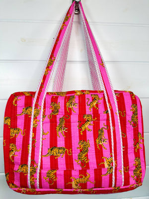 Pink Striped Quilted Tiger Print Duffle Bag