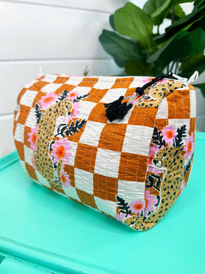 Gold Checkered Jaguar Print Quilted Cosmetics Bag